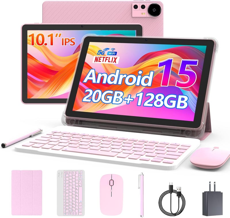 CUPEISI Android 15 Tablet 10 Inch, 20GB RAM+128GB ROM/ 2TB Expandable, 2.0GHz Quad-core Processor, 1280*800 HD Screen, 5G WiFi6 BT 5.0, 2 in 1 Tablets with Keyboard Case Mouse Stylus, Widevine L1 Pink - Image 1